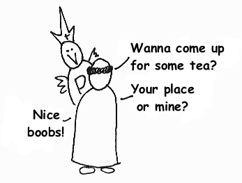 A monk tries to pick up the Pope.[An extremely funny pun in Swedish. Honest.]